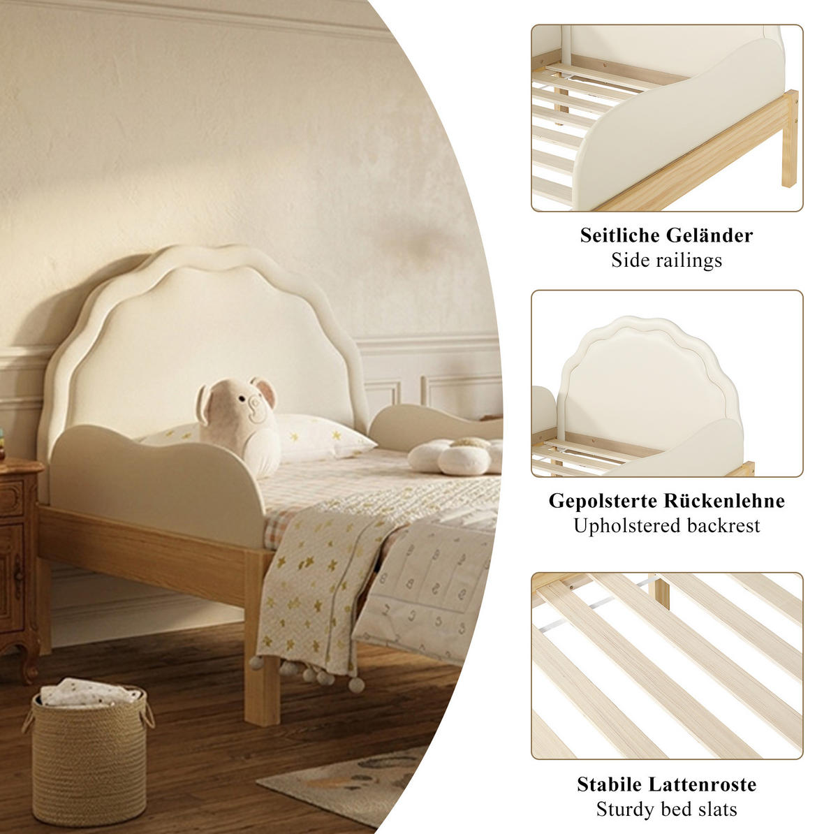 KINDERBETT 90/200 cm aus Holz mit gepolstertem PU-Kopfteil Beige/Natur - Beige, Holz (90/200cm) - Modenvie