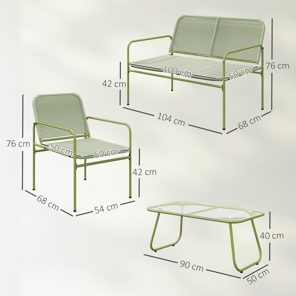 GARTENLOUNGE 4tlg DE-13634 Polyrattan mit Glastisch Grün - Grün, Metall - ComfortXL