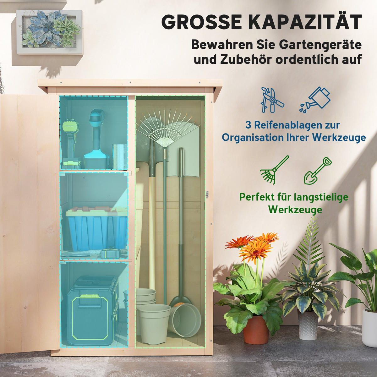 GARTENHAUS, Gerätehaus mit Asphaltspitze, Geräteschuppen mit Regalböden Tanne - Fichtefarben, Holz (56/115/75cm) - Outsunny