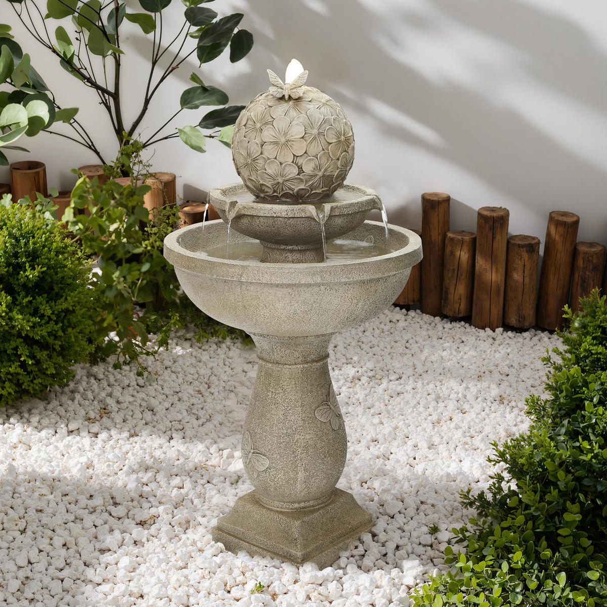 2-STUF. Polyresin-Gartenbrunnen, Vogeltränke+Schmetterling auf Kugel, 95cm, Garten/Balkon/Terrasse - Grau, Kunststoff (45/45/95cm)