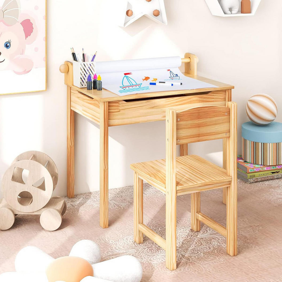 KINDERSCHREIBTISCH mit Stuhl natur(2-tlg) - Naturfarben, Holz (66/58/40cm) - COSTWAY