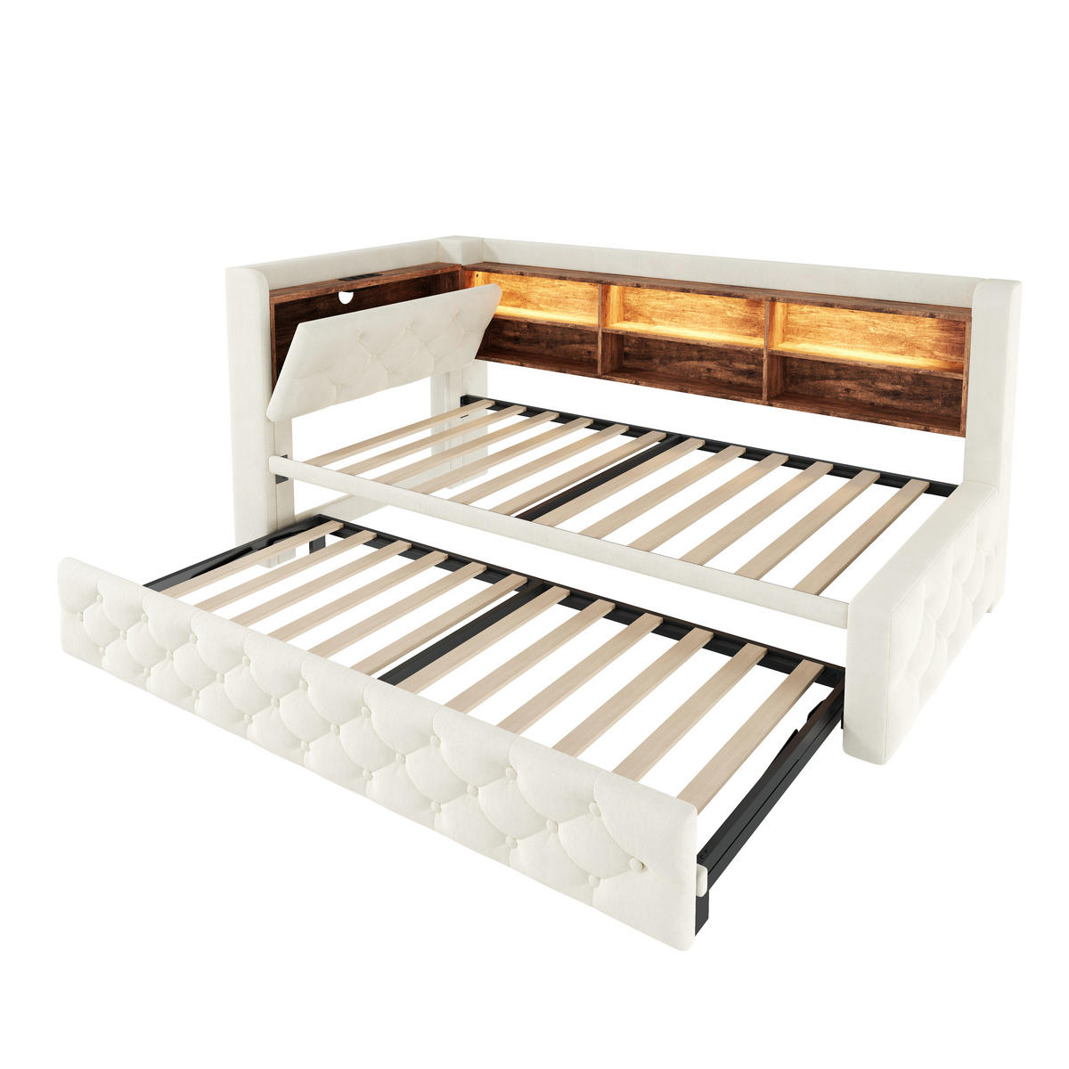 TAGESBETT Ausziehbar 90/180x190cm, Samt, LED/USB/Stauraum, Beige - Beige, Holz/Textil - LVHOM