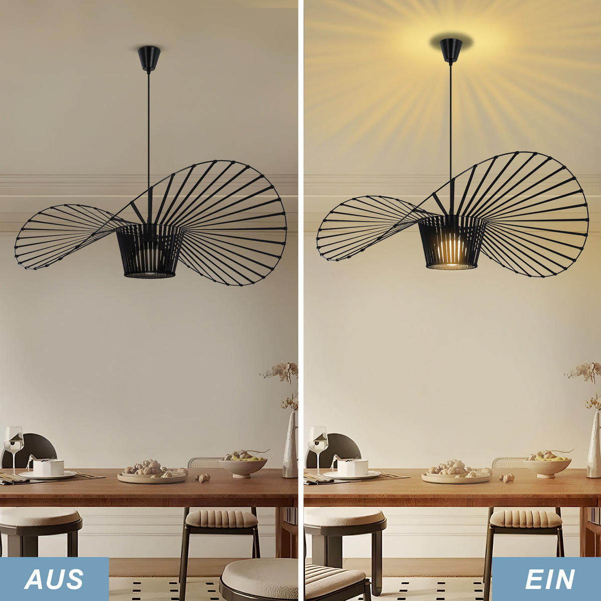 HÄNGELEUCHTE Strohhut 100/100/150 cm - Schwarz, Metall (100/100/150cm) - Nettlife