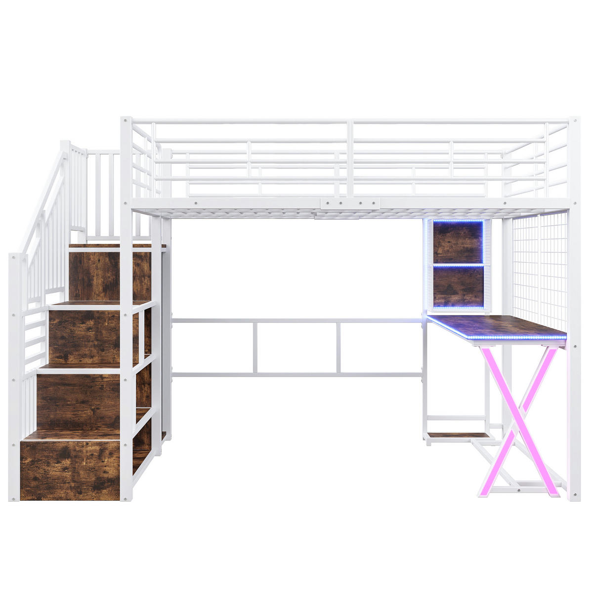 HOCHBETT aus Metall und MDF 140x200 cm Weiß mit Schreibtisch, Kleiderschrank und LED-Beleuchtung - Weiß, Metall (140/200cm) - IVMEU