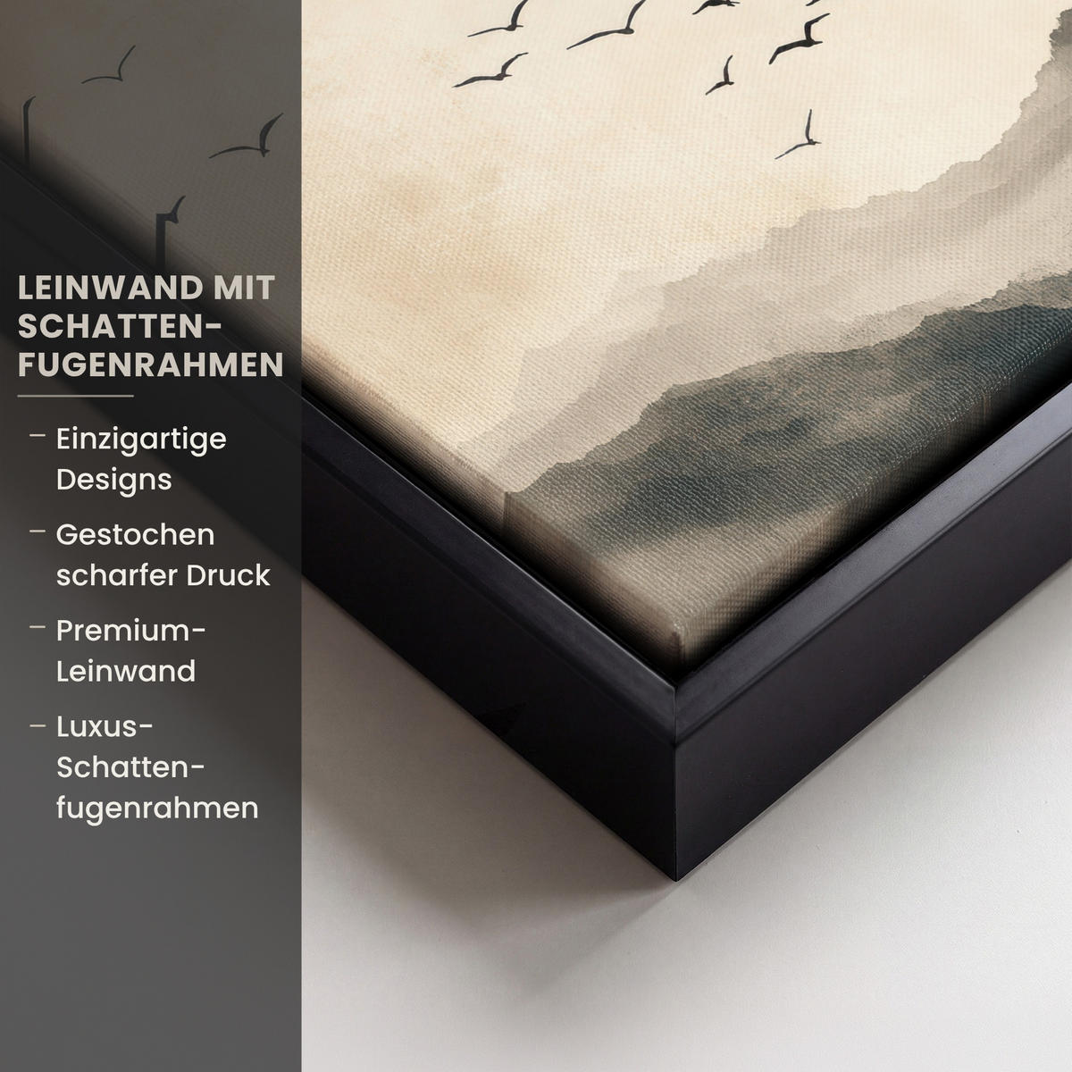 LEINWAND Bilder mit Rahmen - Landschaft - Japandi - Vogel - 20x20 - Beige, Textil (20/20cm) - MuchoWow