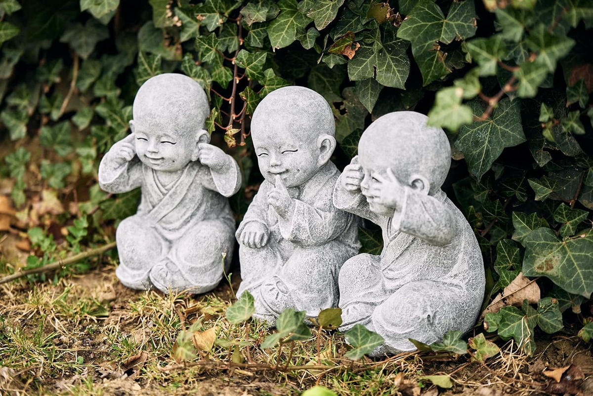 STEINFIGUR 3er Set Shaolin Mönche Nichts sehen, Nichts hören, Nichts Sagen, Steinguss - Grau, Stein (8/16/10cm) - stoneandstyle