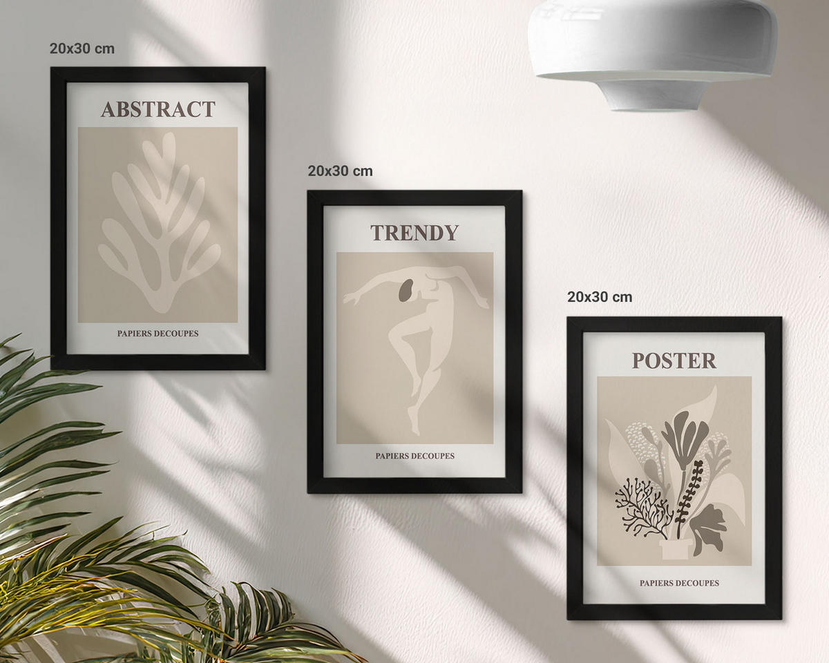 BILDER SET 3er Set - 20x30 cm Schwarzer Rahmen - Blumenmuster beige braun - Schwarz, Kunststoff (20/30cm) - TULUP