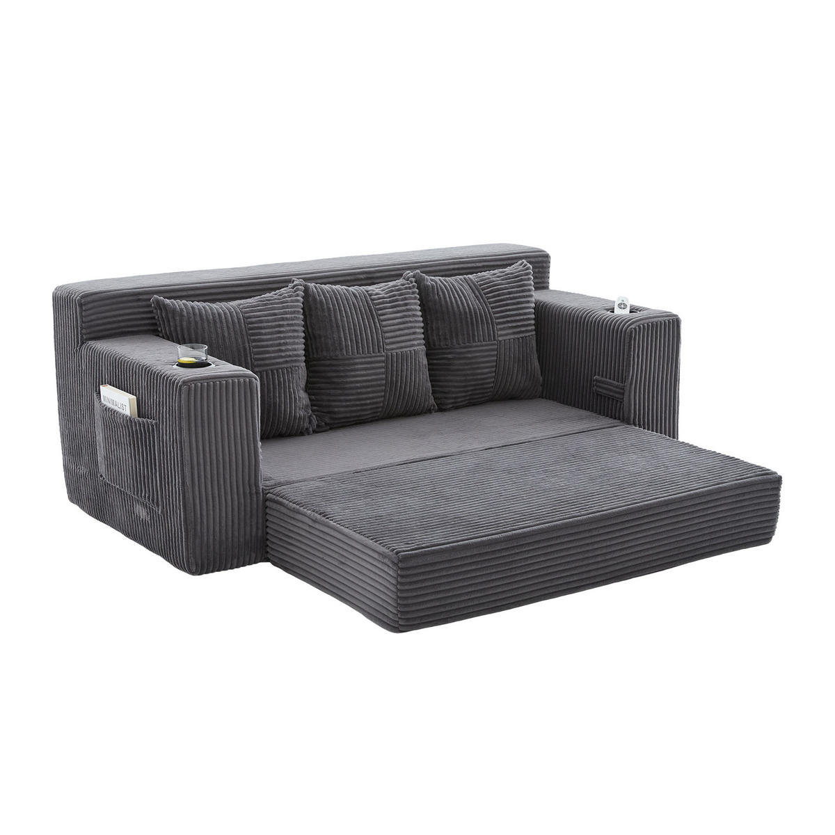 SCHLAFSOFA Modular mit Getränkehaltern und Seitentaschen, DE-42913, Grau - Grau, Textil (172/64/87cm) - ComfortXL