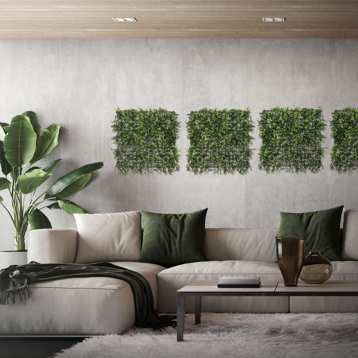 UMĚLÉ rostliny, nástěnný panel, sada 4 ks, Pachysandra 50x50 cm, zelená, z plastu - zelená barva, plast (50/50/8cm) - ECD-Germany