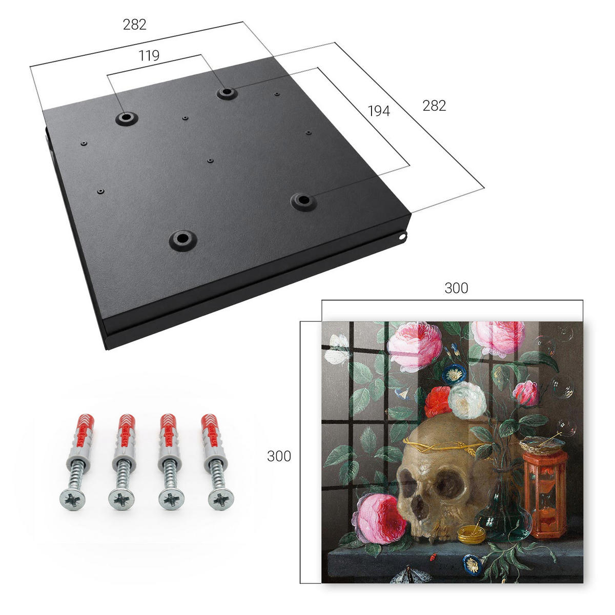 SCHLÜSSELBOX Schwarz 30x30 cm- Türöffnung nach rechts - Totenkopf und Blumen - Grün, Metall (30/30/5cm) - TULUP