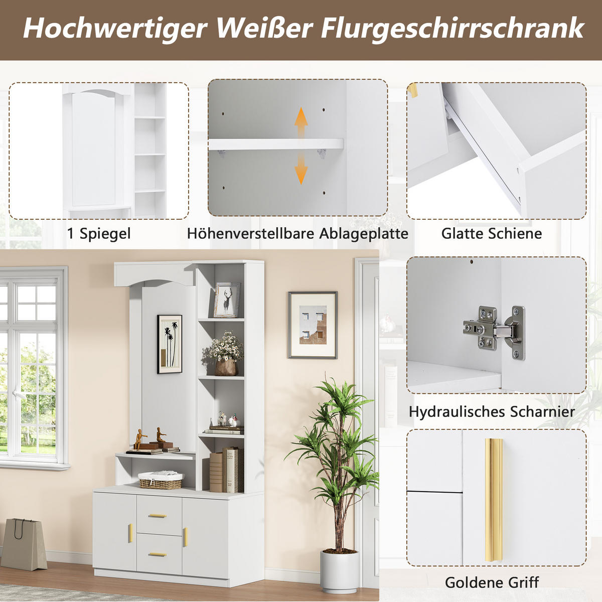 GARDEROBENSCHRANK in Weiß mit mit Schuhschrank und Spiegel für Wohnzimmer und Flur, B90/T40/H180cm - Weiß, Holzwerkstoff (90/180/40cm) - STILVORA