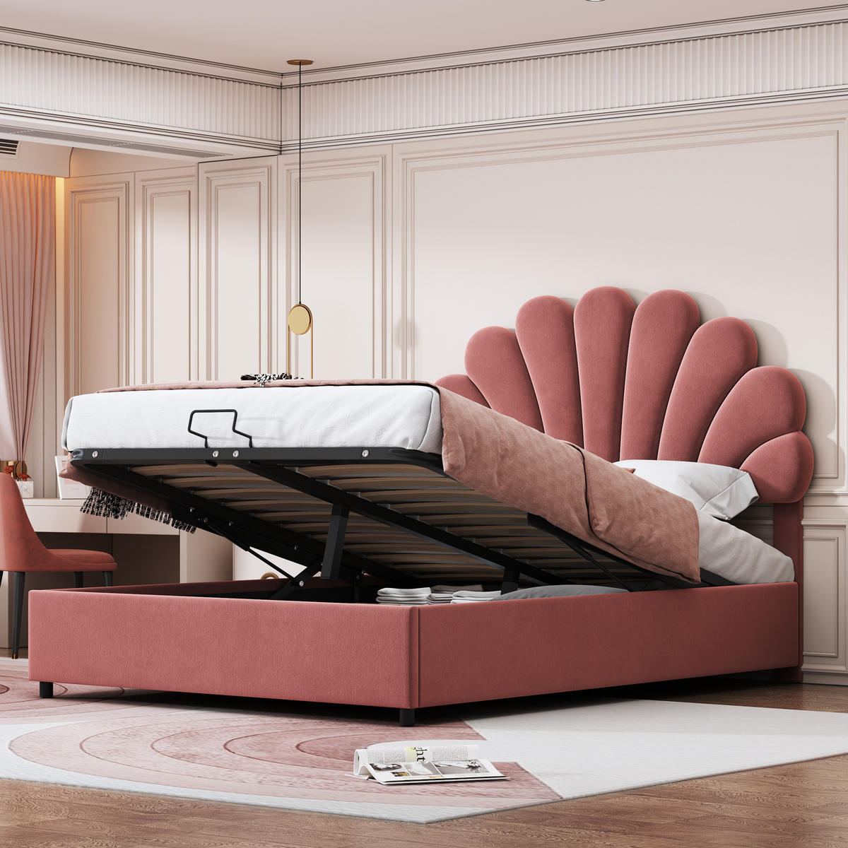 POLSTERBETT 140/200 cm mit geblümtem Kopfteil und hydraulischem Stauraum aus Samt - Pink, Textil (140/200cm) - OKWISH