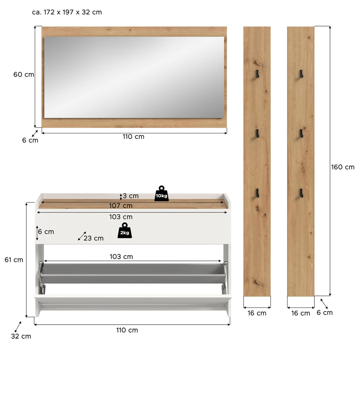 GARDEROBEN-SET DRIVE 4-tlg. (B/H/T: ca. 172/192/32 cm) in Weiß/weiß - Weiß, Holzwerkstoff (172/192/32cm)