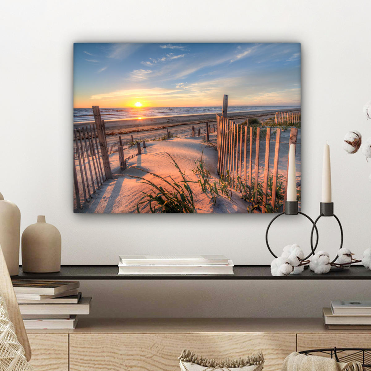 LEINWANDBILD Strand - Meer - Düne - Sonnenuntergang - Landschaft Wandbild 40x30 cm - Beige, Textil (40/30cm) - MuchoWow