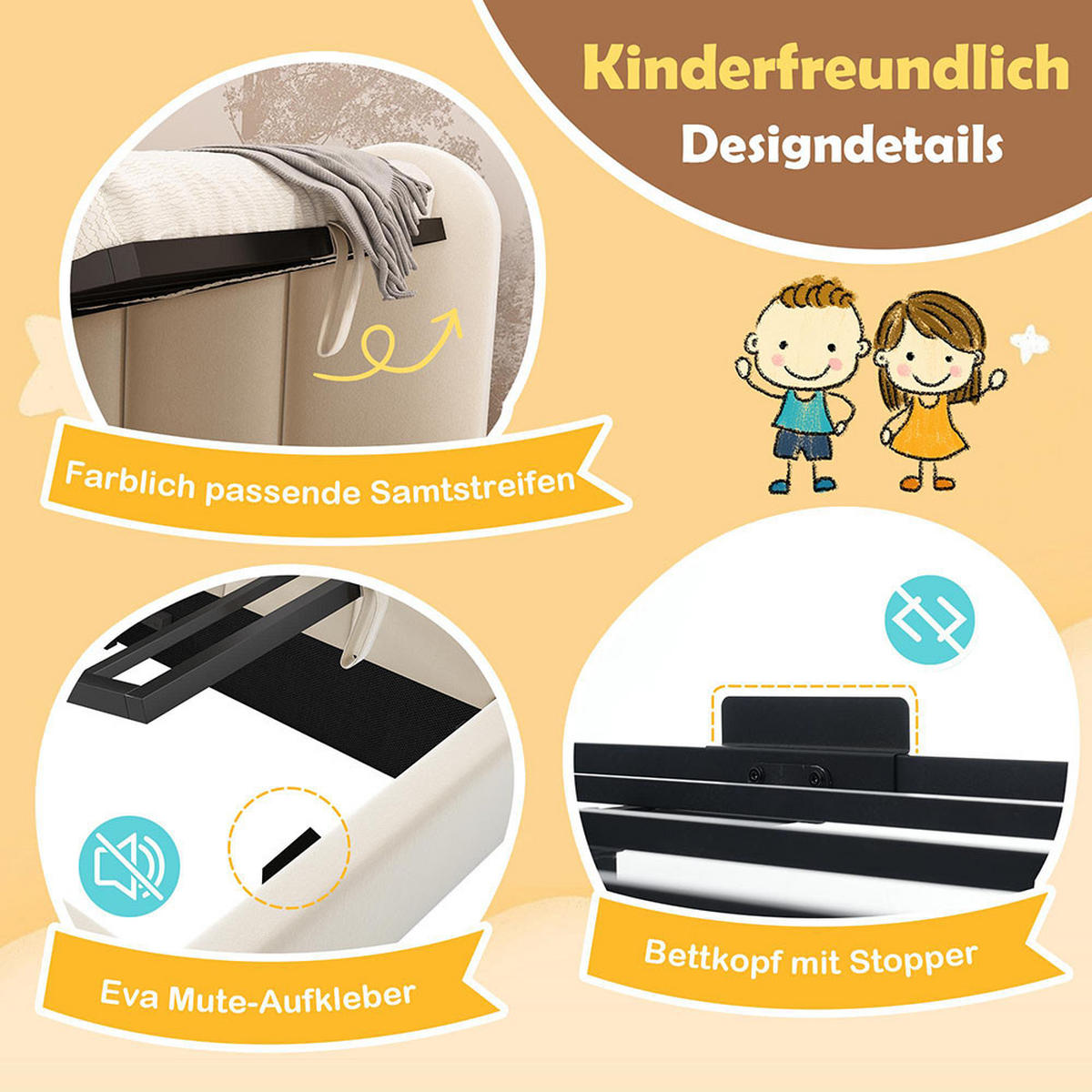 KINDERBETT 90x200 cm mit Metall-Lattenros in Beige - Beige, Textil/Metall (90/200cm) - KOMHTOM