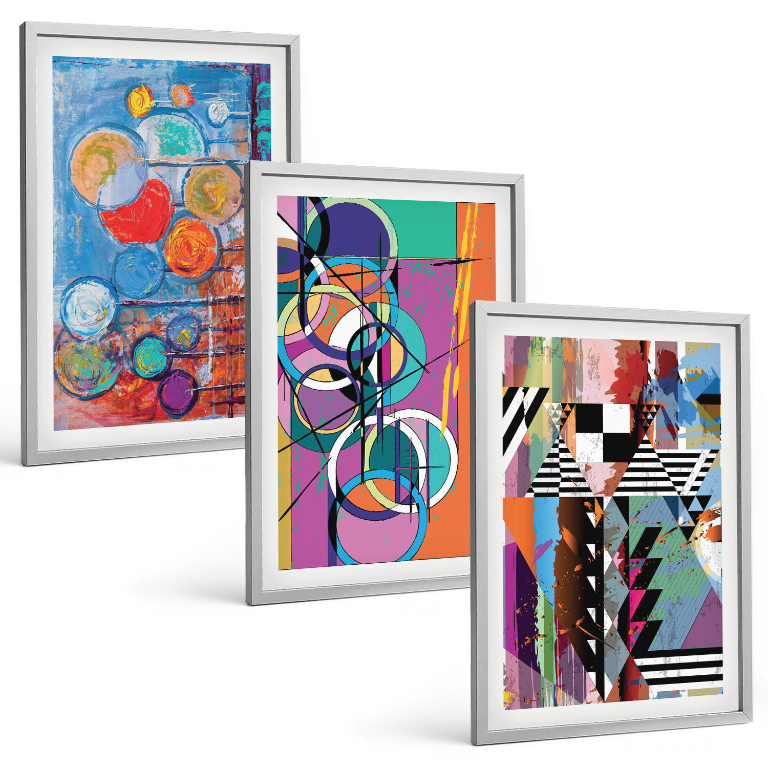 BILDER SET 3er Set - 40x60 cm Silberner Rahmen - Bunte abstrakte Kreise Geometrie - Silberfarben, Kunststoff (40/60cm) - TULUP