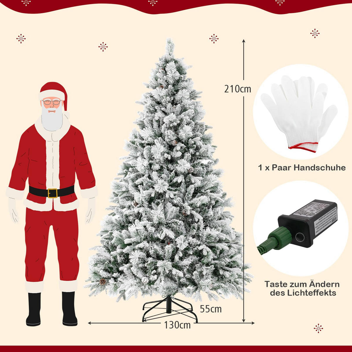 WEIHNACHTSBAUM mit Beleuchtung Schnee und Zapfen 210 cm weiß - Weiß, Metall (210cm) - COSTWAY