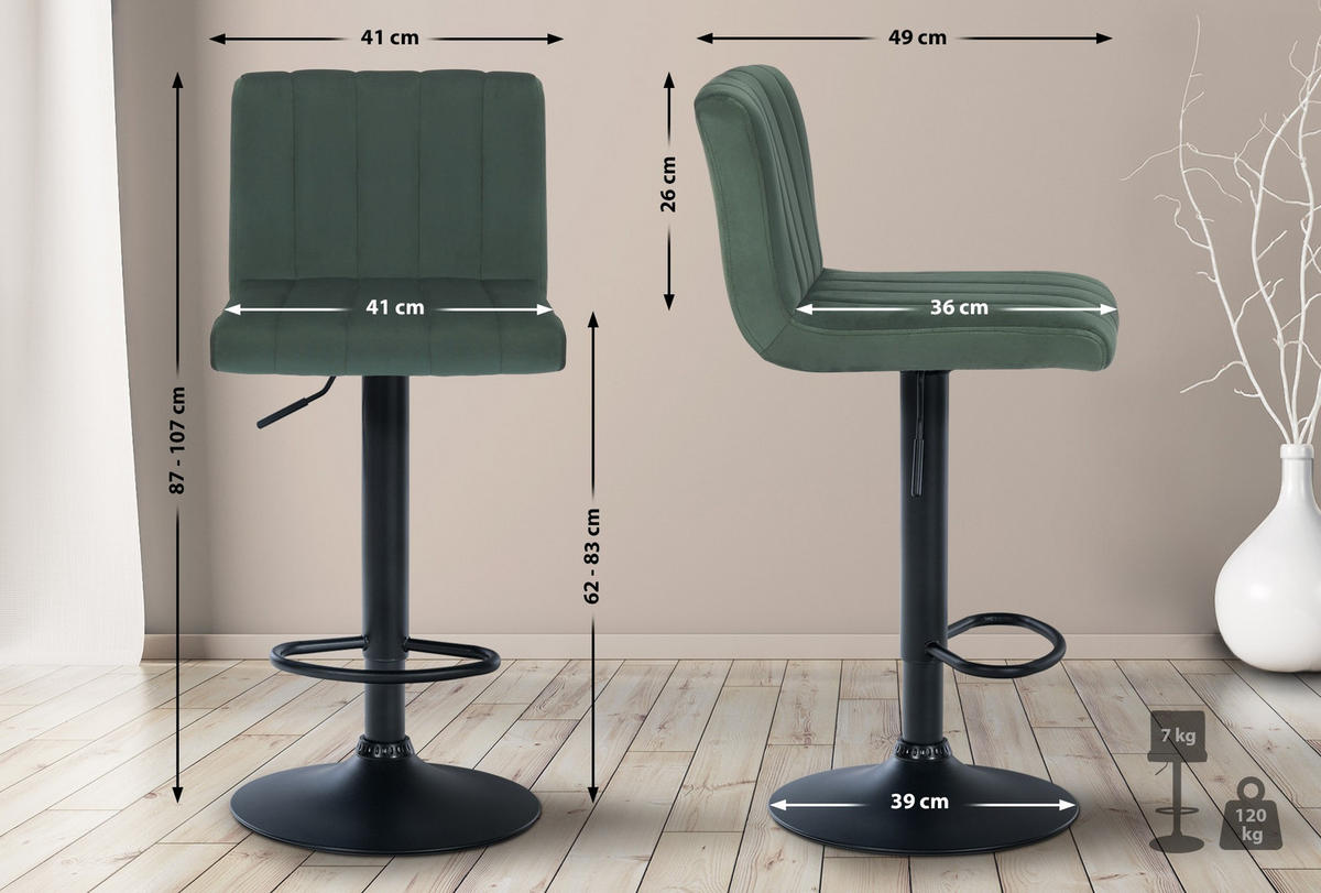 BARHOCKER 2er Set Samt grün - Grün, Textil/Metall (41/87/49cm) - CLP