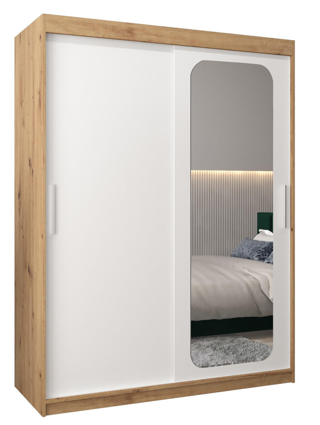 Abiks Möbel Schwebetürenschrank Eiche Artisan, Weiß 150x200x62 cm