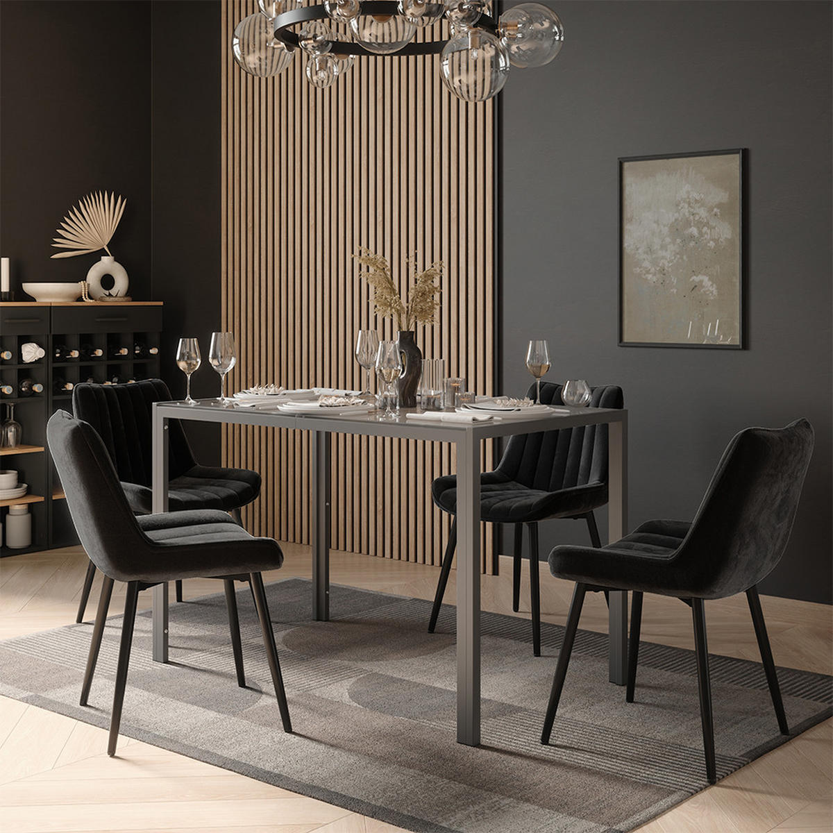 JÍDELNÍ STŮL SESTAVA Grand, Šedá, 120 x 70 cm se 4 židlemi (černé) - šedá, sklo (120/74.5/70cm) - Vicco