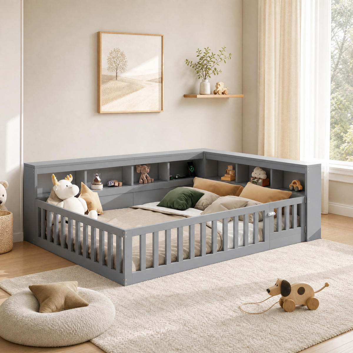 BETT 140/190 mit Stauraum, Steckdose und USB in Grau - Grau, Holzwerkstoff (140/190cm) - EVRYAE