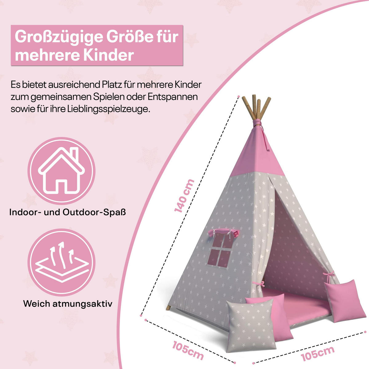 TIPI-ZELT 105 x 105 x 140 cm Sterne rosa mit weichen Kissen | Spielzelt für Kinderzimmer Indoor - Magenta, Textil (105/105cm) - Best for Kids