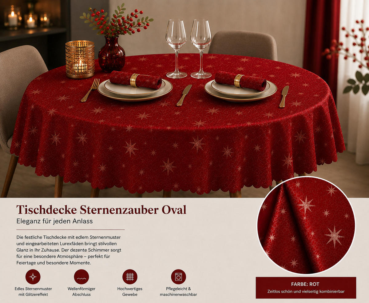TISCHDECKE 160/220 cm oval Lurex Sterne Rot - Rot, Textil (160/220cm) - TiborTex