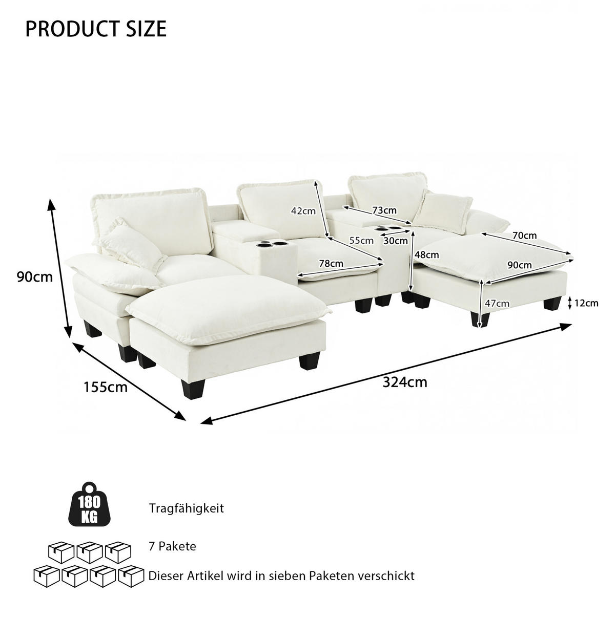 WOHNLANDSCHAFT aus Chenille 323x151x90 cm Beige mit USB-Anschluss, Stauraum, Getränkehaltern und 2 Ottomane - Beige, Textil (323/90/151cm) - Modfu