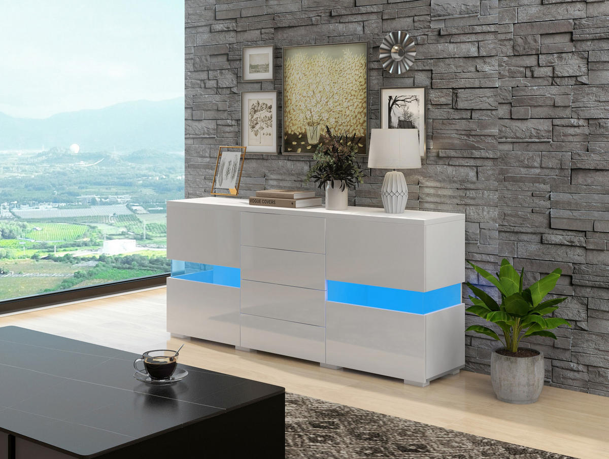 SIDEBOARD 140/35/72 cm, Hochglanz-Front, 2 Acryltüren und 4 Schubladen, 16-Farben RGB-LED, Weiß - Weiß, Holzwerkstoff (140/72/35cm) - Redom