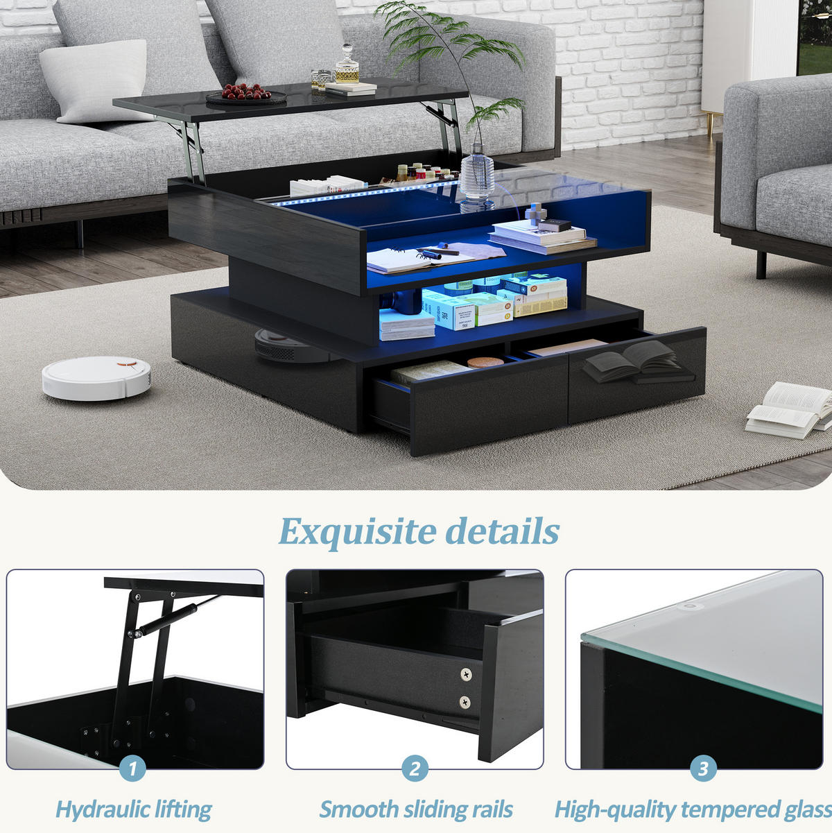 COUCHTISCH aus Spanplatte 80x80x45 cm in Schwarz mit LED & Hubfunktion - Schwarz, Holzwerkstoff (80/80/45cm) - Modfu