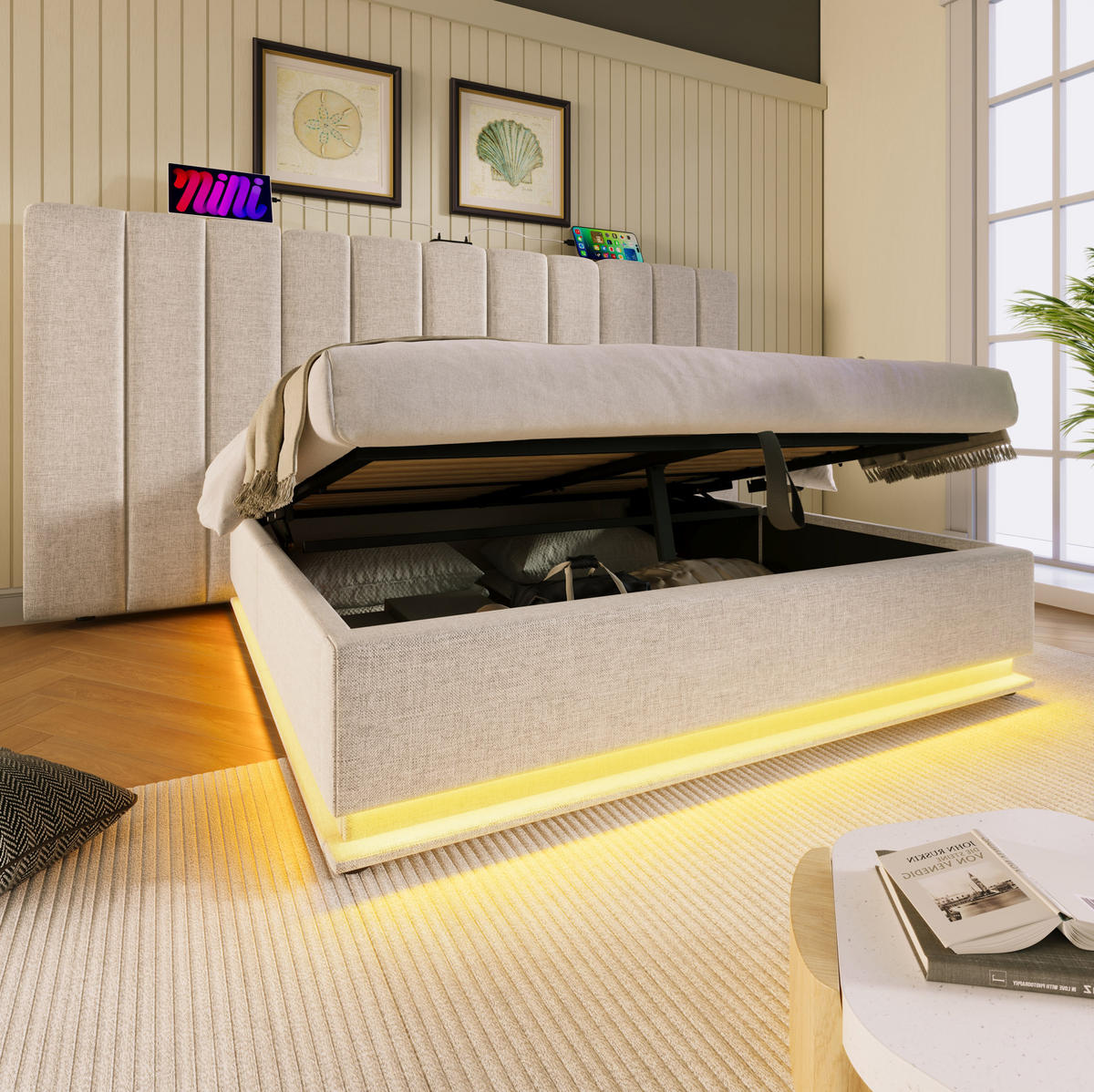 BETT mit Stauraum, LED und Ladefunktion 180x200 cm Leinen Beige - Beige, Metall (180/200cm) - Meubliv