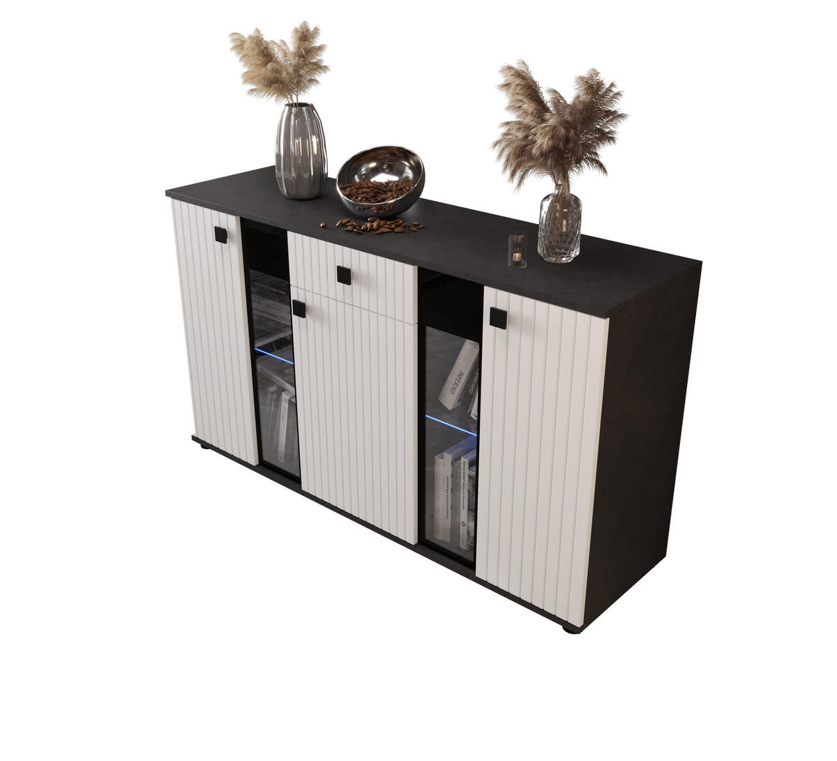 KOMMODE London LSMK LAMELE mit 3 Türen, Sideboard in Farbe: Weiß|Schwarz, Größe: 140 x 80 x 40 cm - Schwarz/Weiß, Holzwerkstoff (140/80/40cm) - O-Sofa