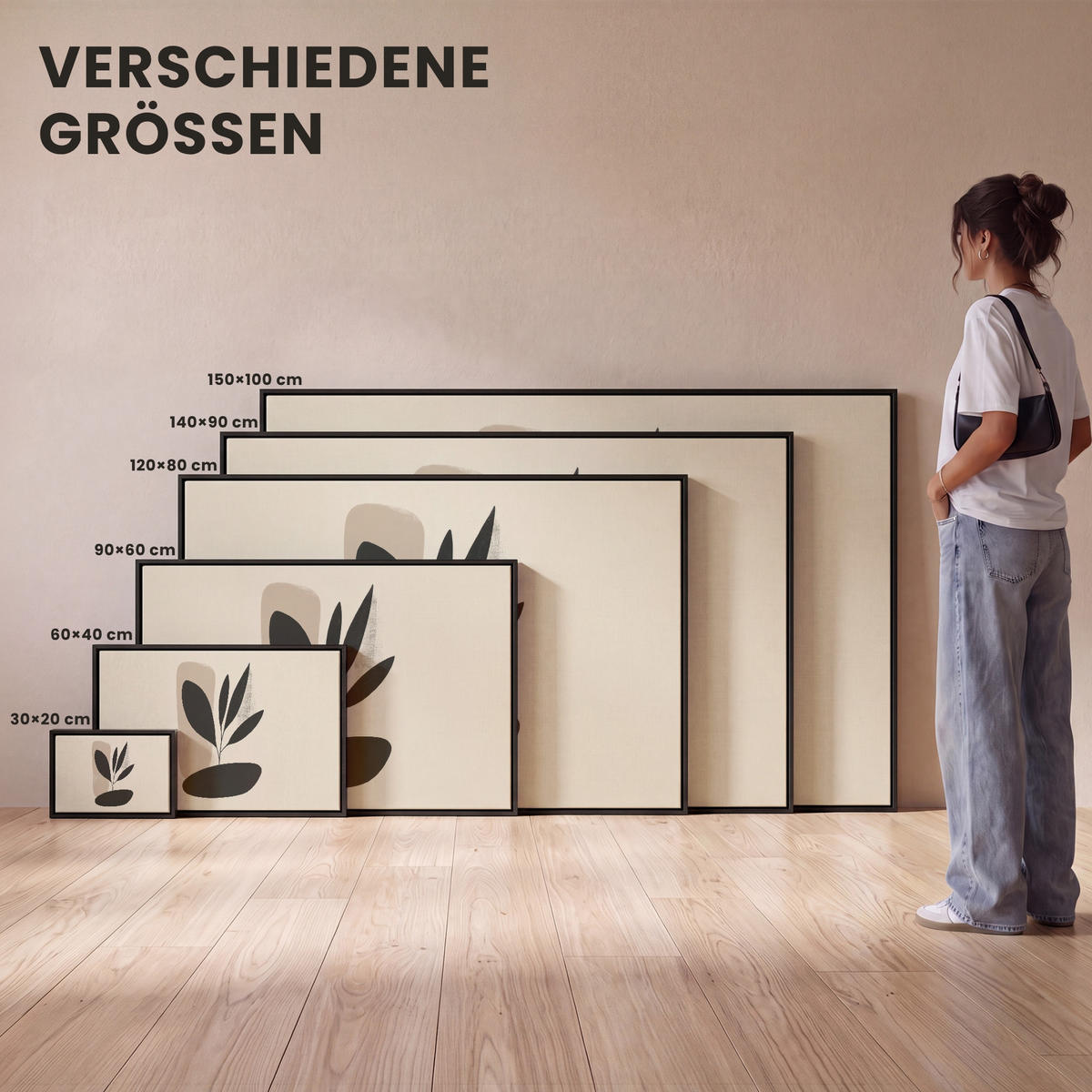 LEINWAND Bilder mit Rahmen - Pflanze - Beige - Japanisch - 120x80 - Schwarz, Textil (120/80cm) - MuchoWow