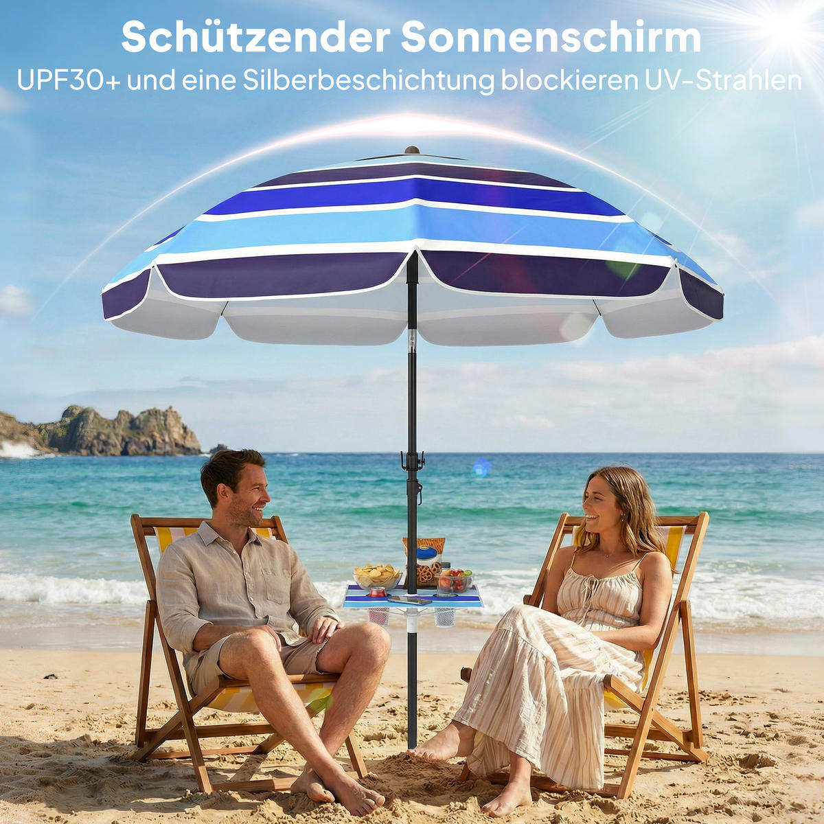 STRANDSCHIRM DE-05609 Mit klappbarem Tisch & Getränkehalter Mehrfarbig - Multicolor, Textil/Metall (198/198cm) - ComfortXL