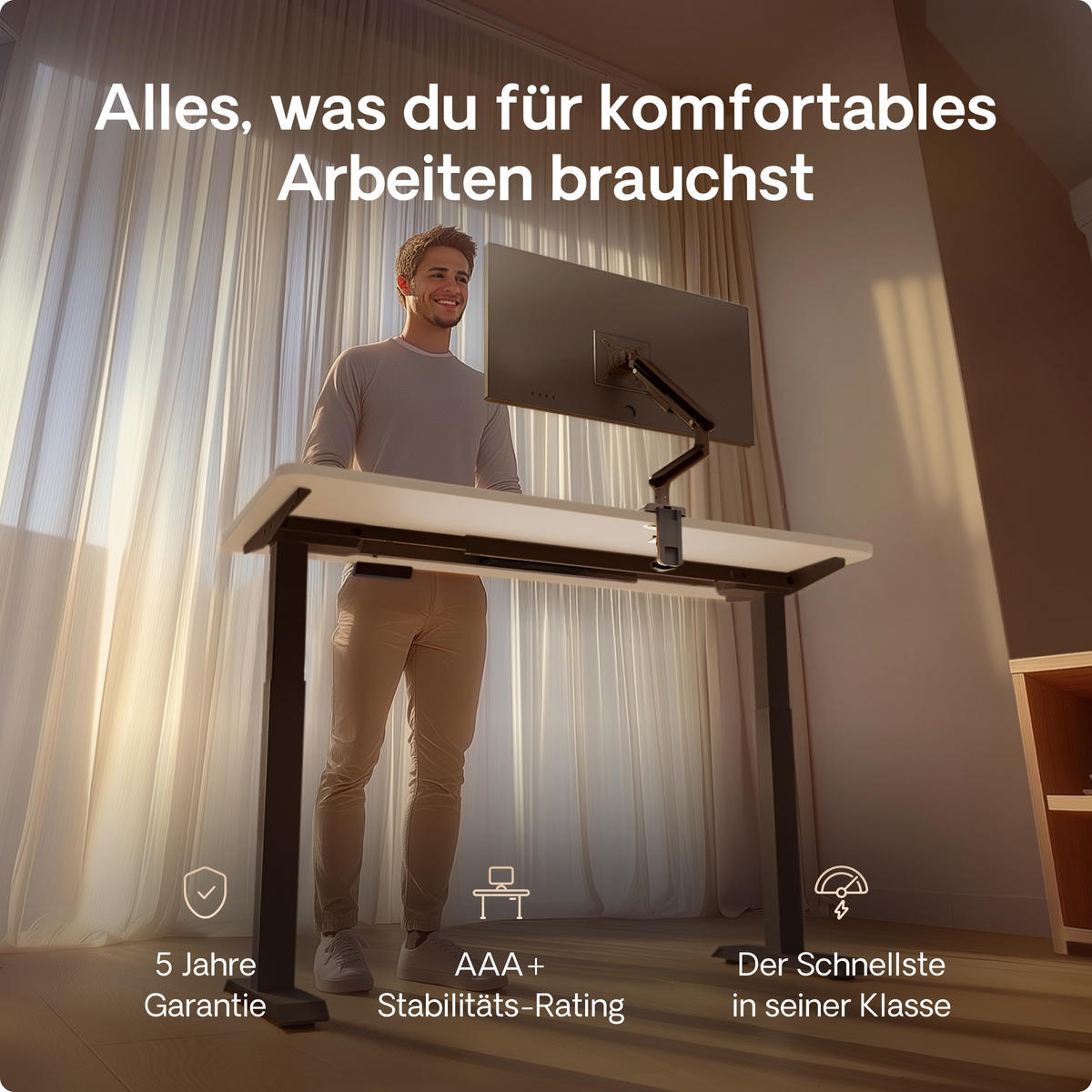 SCHREIBTISCH Elektrisch Höhenverstellbarer HomeOne 140x70cm Schwarz/Weiß mit Memory-Funktion, Anti-Kollisions Technologie - Schwarz/Weiß, Holzwerkstoff (70/140/72cm) - Desktronic