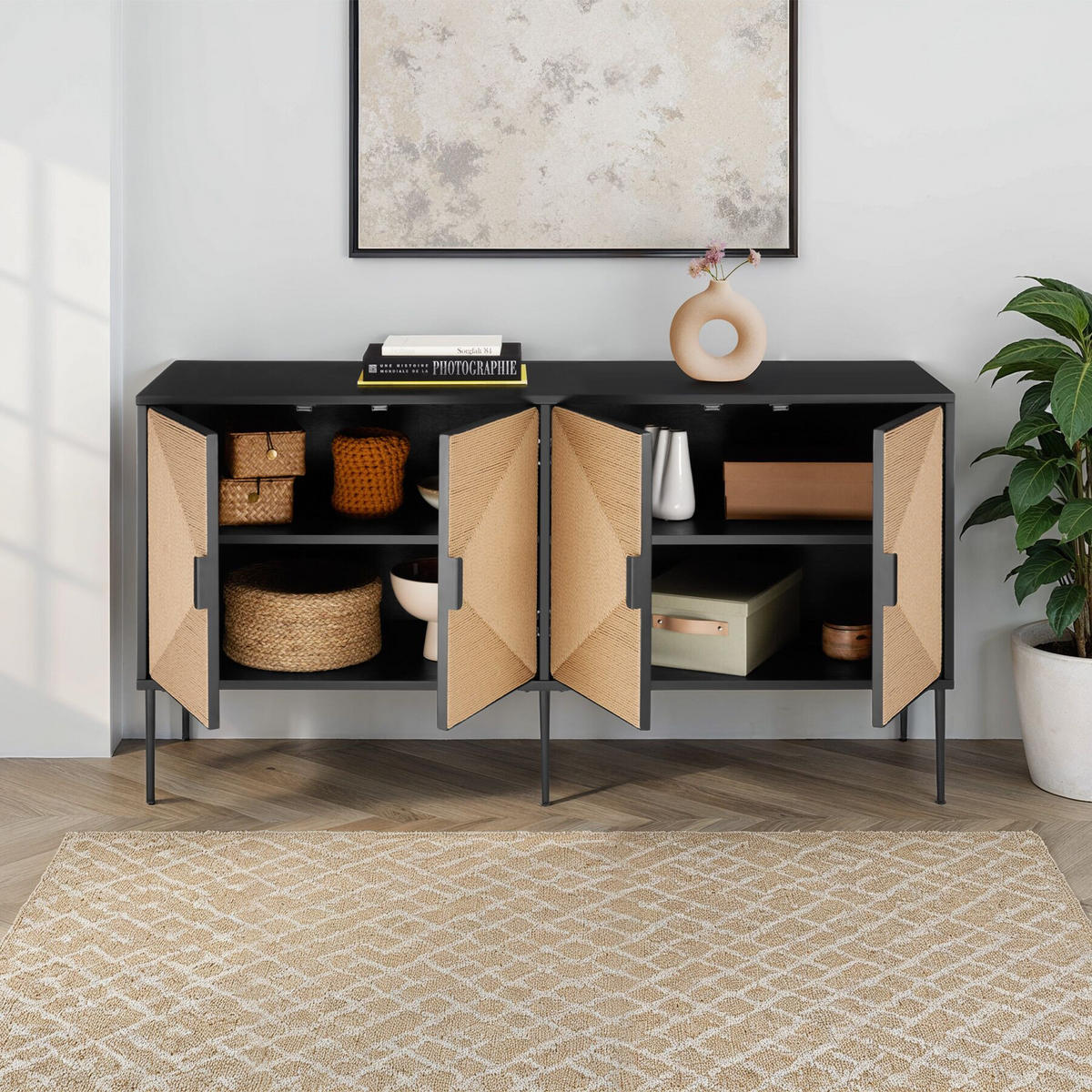 SIDEBOARD Juna,150 x 47 x 77 cm, höhenverstellbare Füße,schwarz/braun - Schwarz/Braun, Holz (150/77/47cm) - tectake