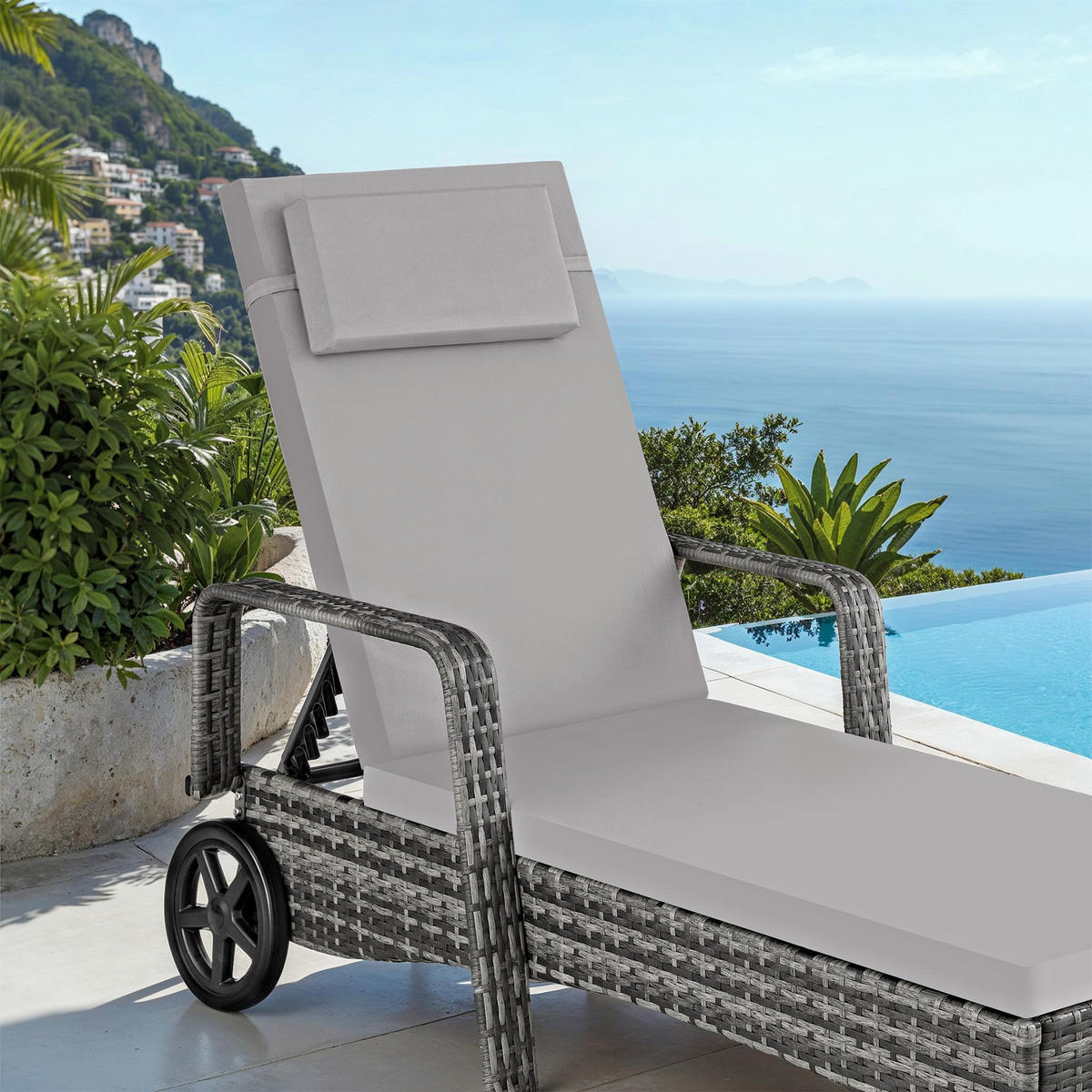 RATTAN-SONNENLIEGE ,200 x 70 x 33 cm,grau/hellgrau - Grau, Kunststoff (70/33/200cm) - tectake