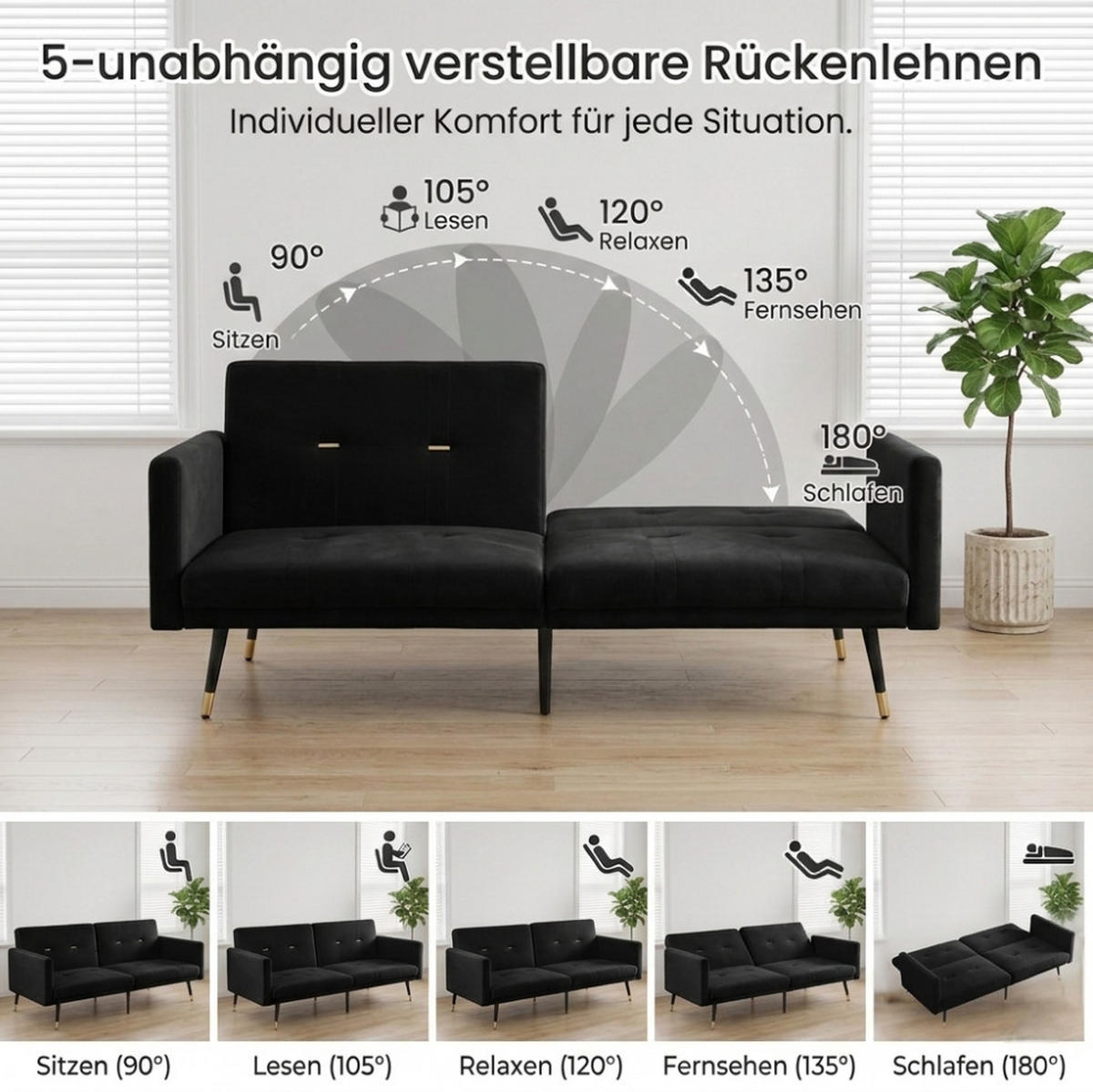 SCHLAFSOFA mit verstellbaren Rückenlehnen, 2-in-1 Funktion und Samtbezug, Schwarz - Schwarz, Textil (164/70/89cm) - Redom