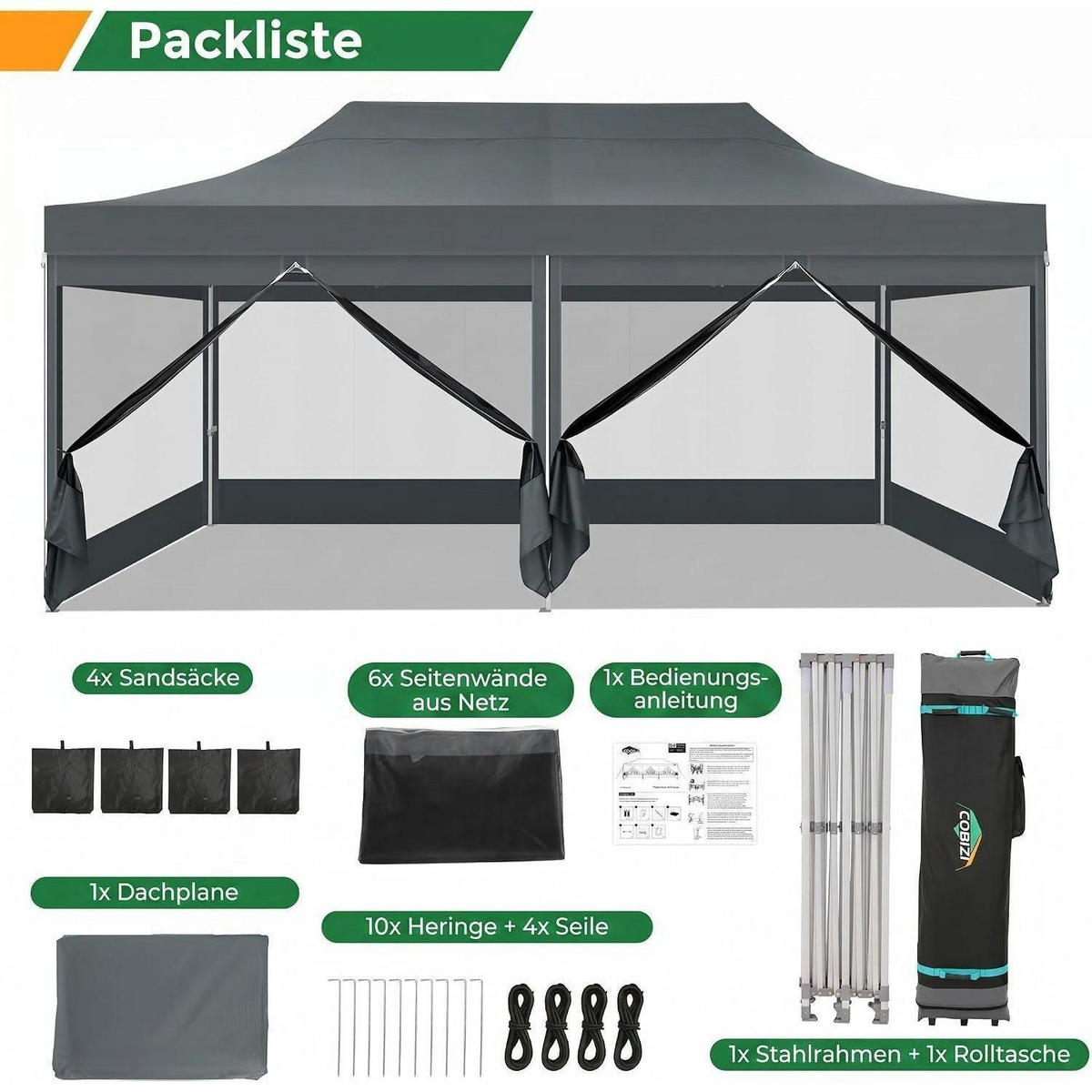 FALTPAVILLON 3x6m Grau Wasserdicht mit 6 Seitenwänden - Grau, Textil (300/335/600cm)