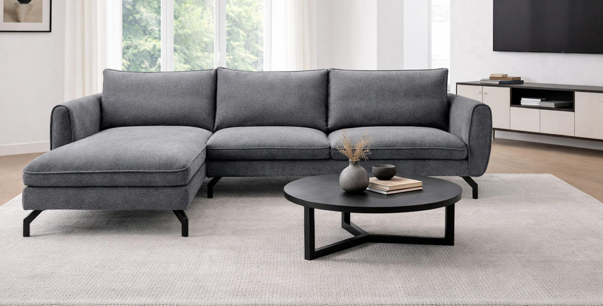 SOFA grau Webstoff 259 x 167 cm, Ecksofa 5-Sitzer, L-Sofa Ottomane links - Schwarz/Grau, Holz/Textil (259/167cm) - Inn.Furn