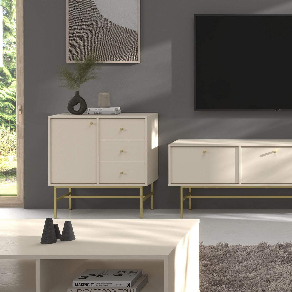KOMMODE TORINO 84/86/41 cm mit 3 Schubladen 1 Türen Beige - Beige, Holzwerkstoff (84/86/41cm) - MASSENO