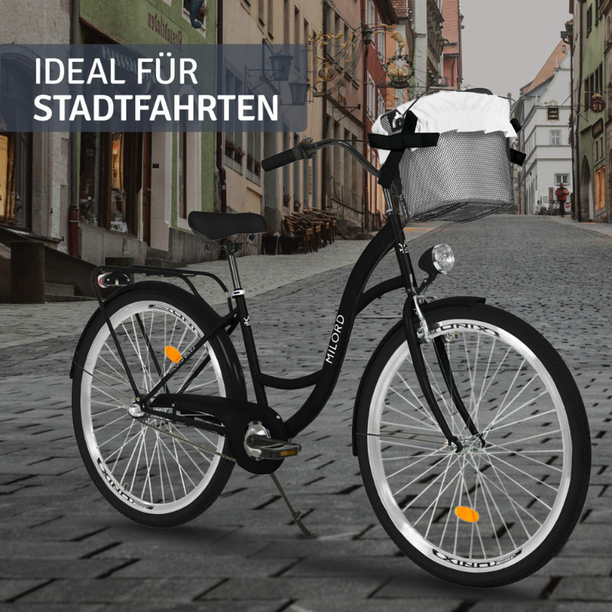 CITY-FAHRRAD Milord mit Metallkorb, 26 Zoll, Schwarz, 3-Gang - Schwarz, Metall (46cm) - Milordbikes
