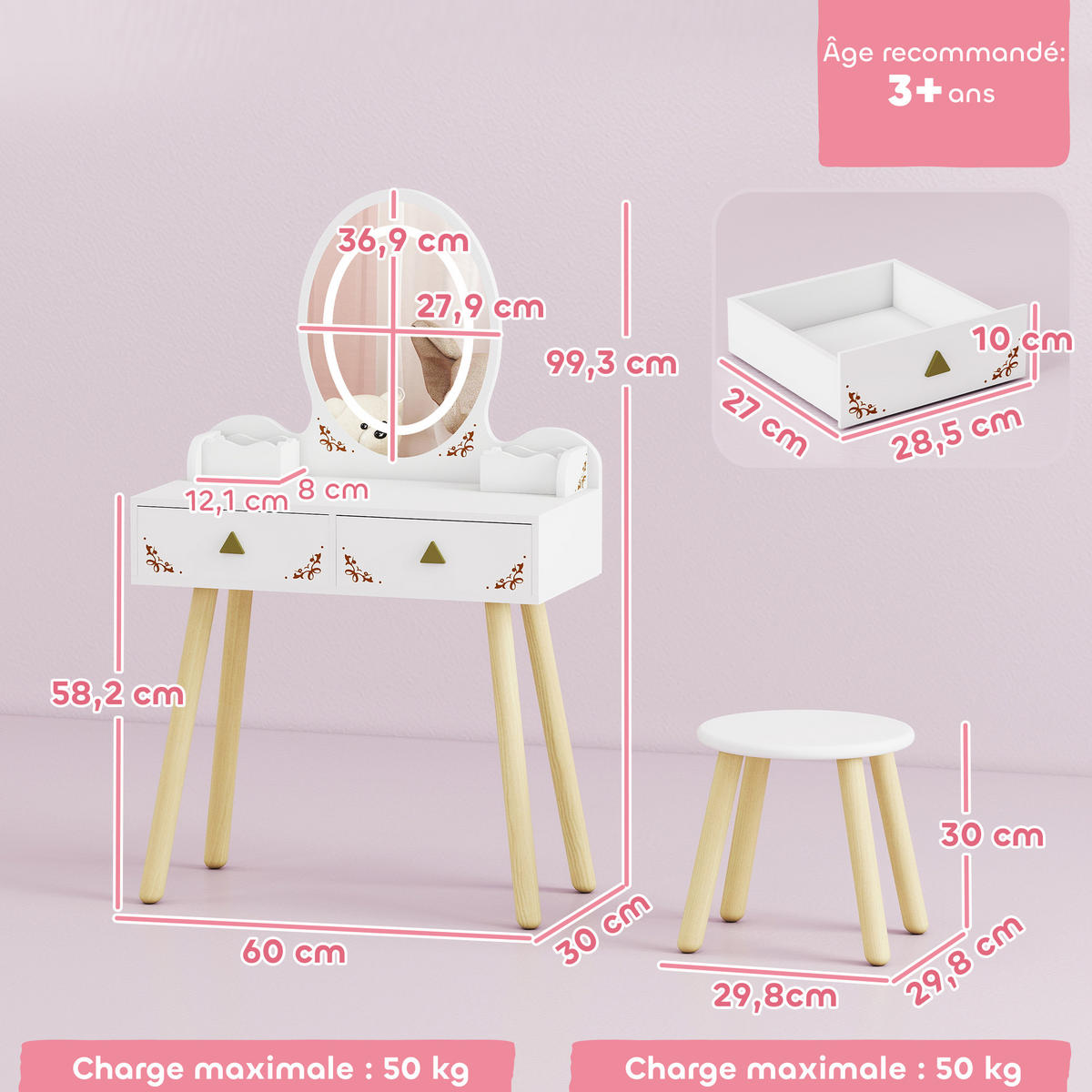 KINDERSCHMINKTISCH DE-18638 2-in-1 mit 3-farbigem LED-Spiegel Weiß - Weiß, Holzwerkstoff (30/99.3/60cm) - ComfortXL