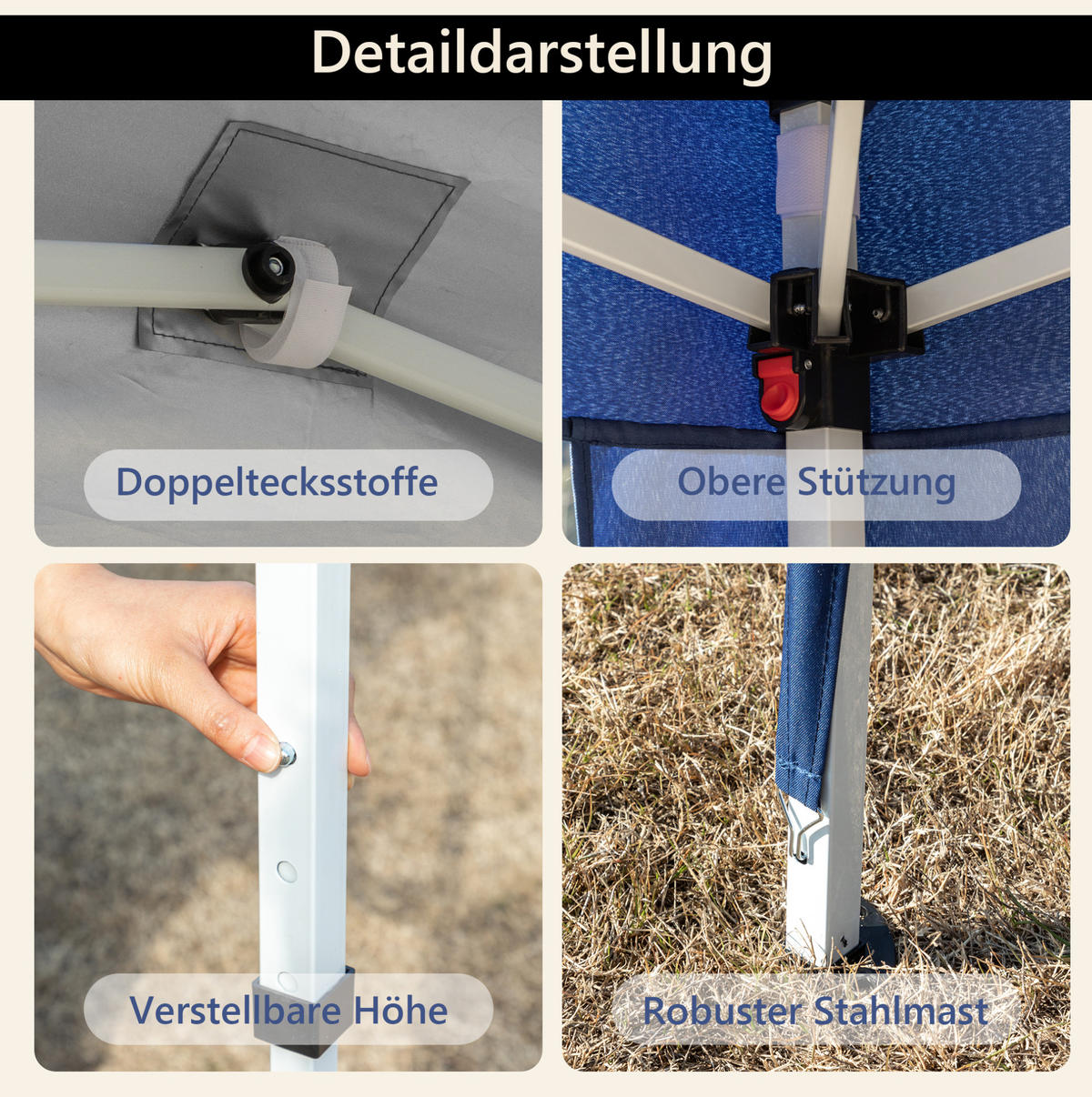 PAVILLON 313/313 cm höhenverstellbar, faltbar mit wasserabweisendem UV-Schutzdach und Tragetasche, Blau - Blau, Kunststoff (313/260/313cm) - Redom