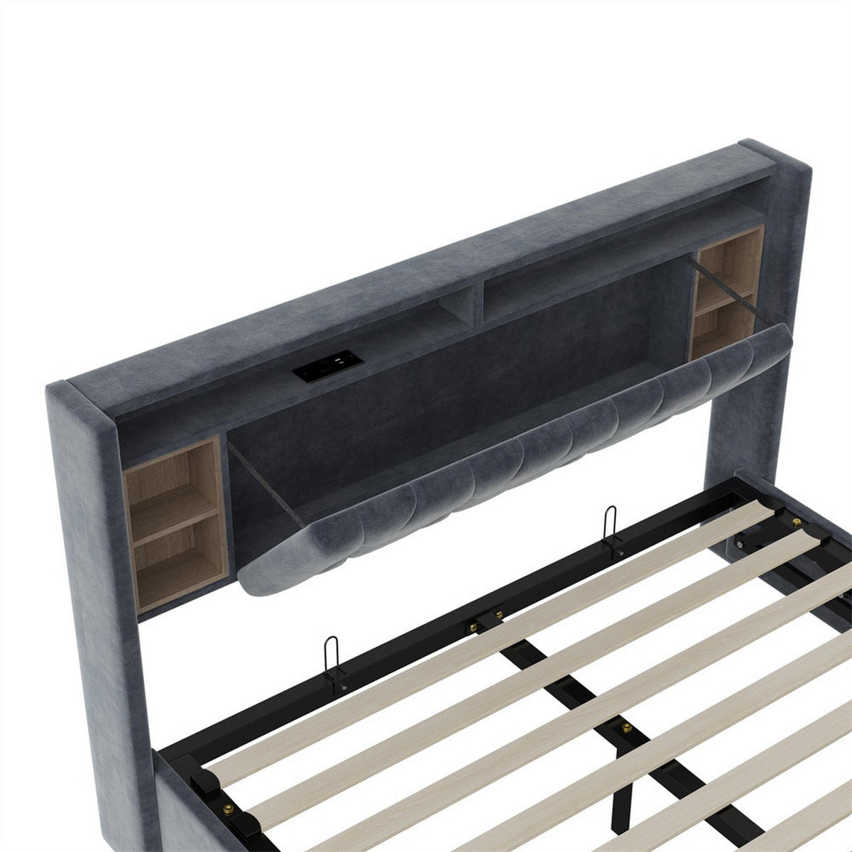 POLSTERBETT 140x200 cm mit LED-Beleuchtung - aufklappbarem Kopfteil & hydraulischem Bettkasten - Integrierte Ladestation - Grau, Textil (140/200cm) - DELFA