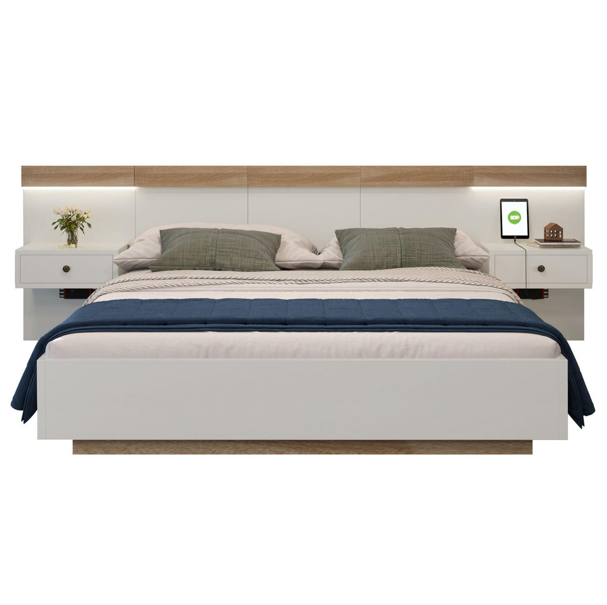 ČALÚNENÁ posteľ 180/200 cm z dreveného dekoru dub sonoma/biela s LED nočnými stolíkmi a USB-C - biela, kompozitné drevo (180/200cm) - BEAOK