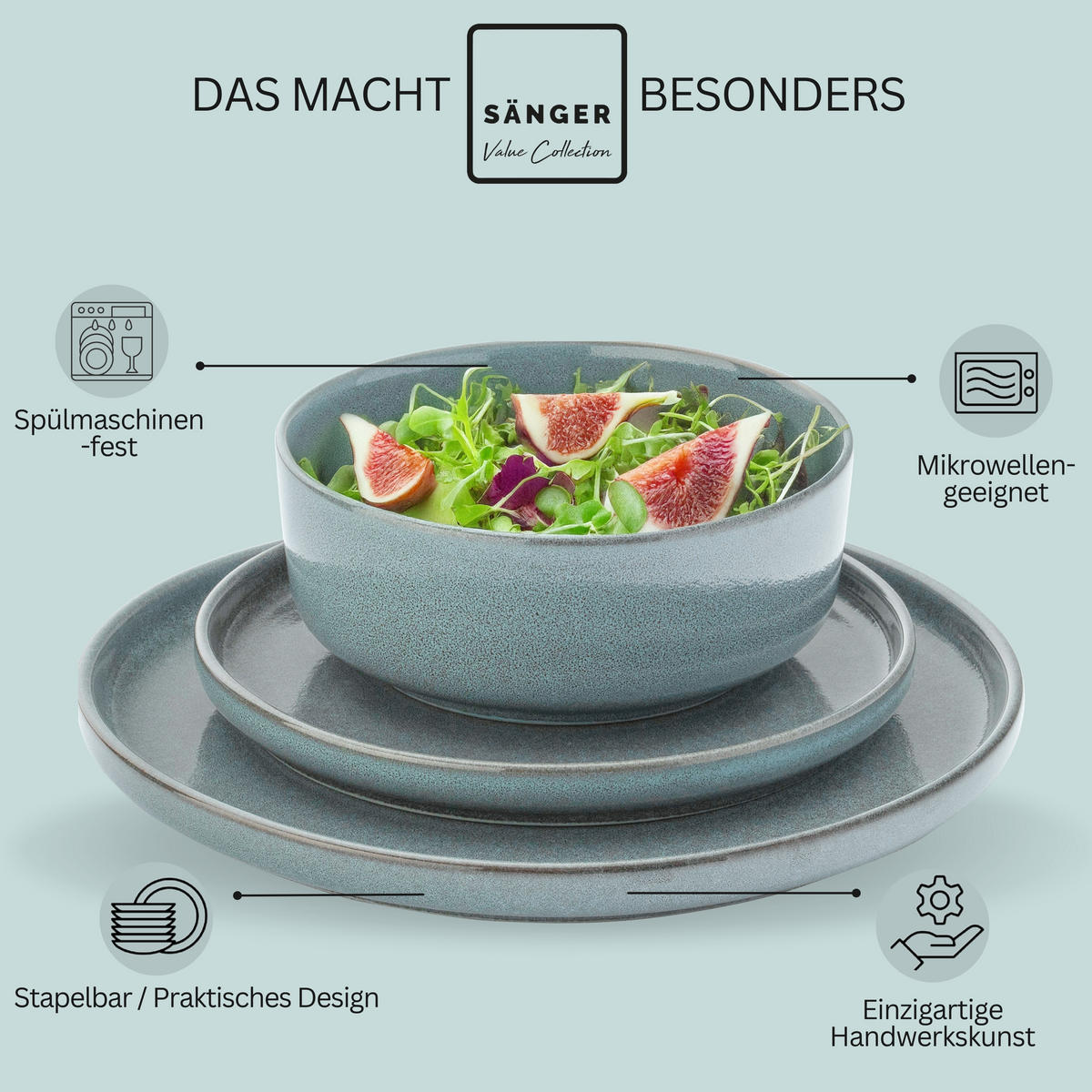 TAFELSERVICE KAIRO OCEAN - 36 teilig aus Steingut 12 Personen - Blau, Stein (50/30/80cm) - Sänger