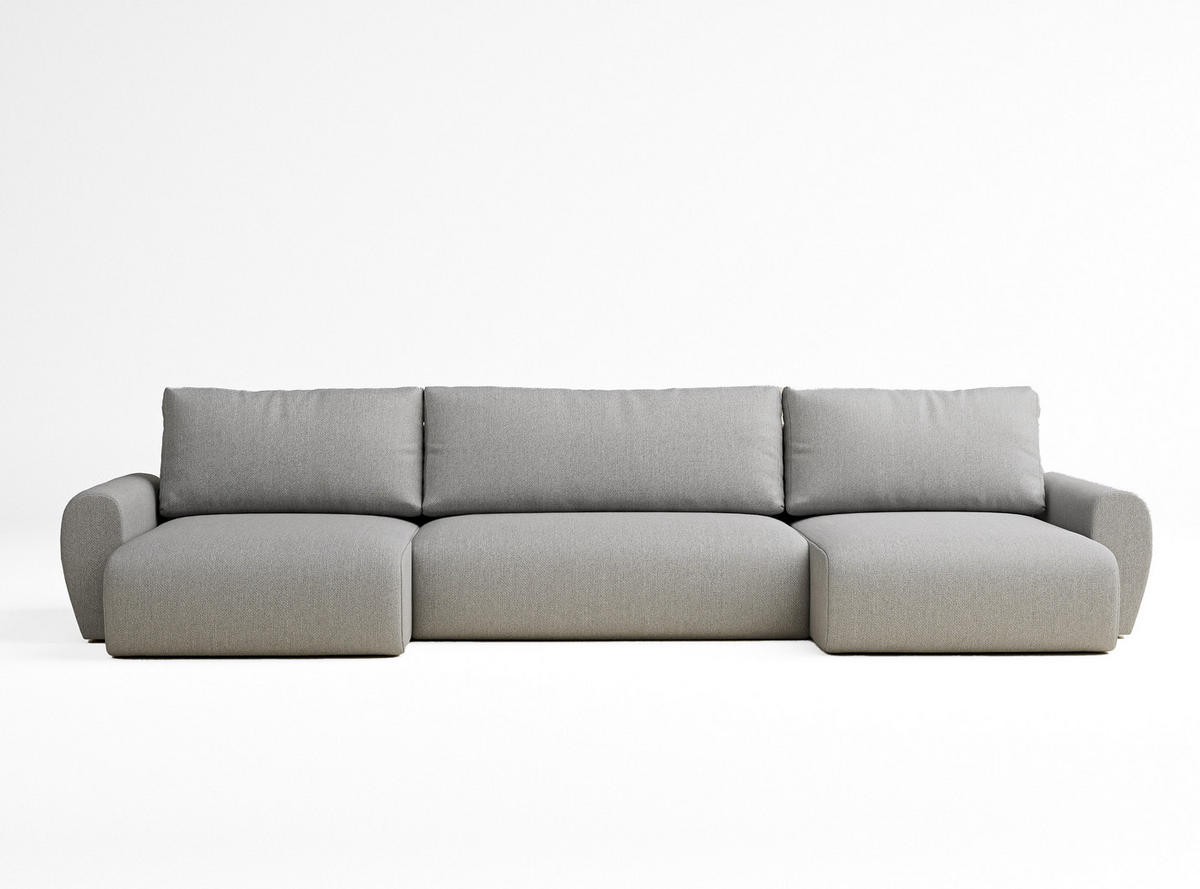 WOHNLANDSCHAFT MIT SCHLAFFUNKTION Numba Hellgrau Webstoff - Hellgrau/Schwarz, Holz/Holzwerkstoff (397/70/153cm) - Maison de Reve