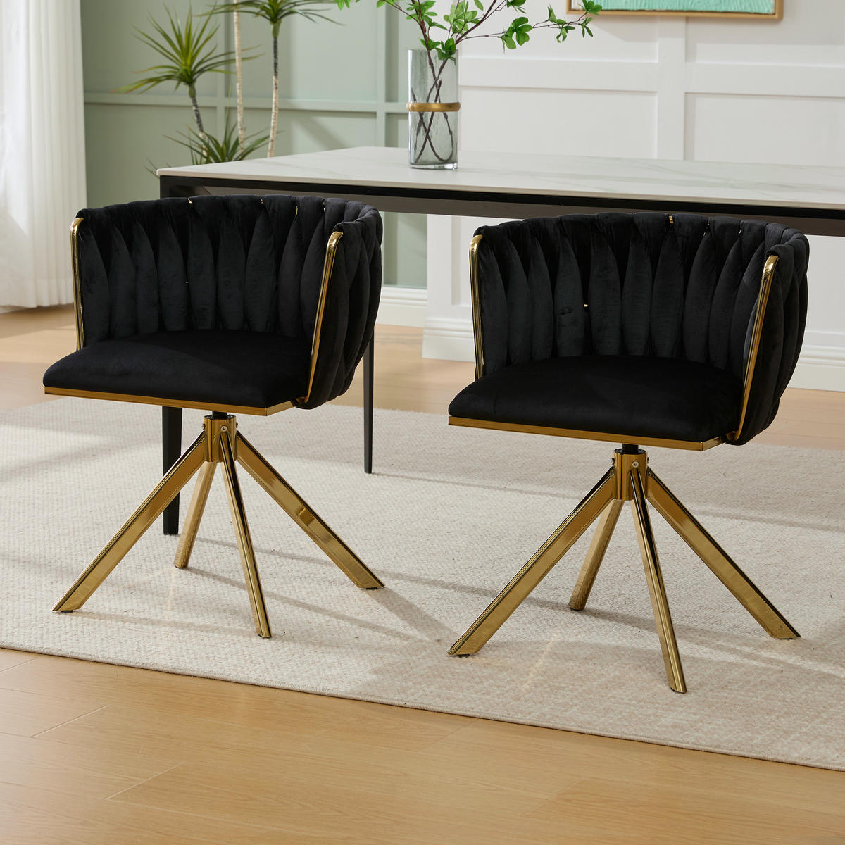 ARMLEHNSTUHL(SET à 2 Stück) mit Metallgestell - ergonomische Rückenlehne und 180° Schwenkfunktion - Schwarz - Schwarz, Textil/Metall (50/70/56cm) - KOMHTOM