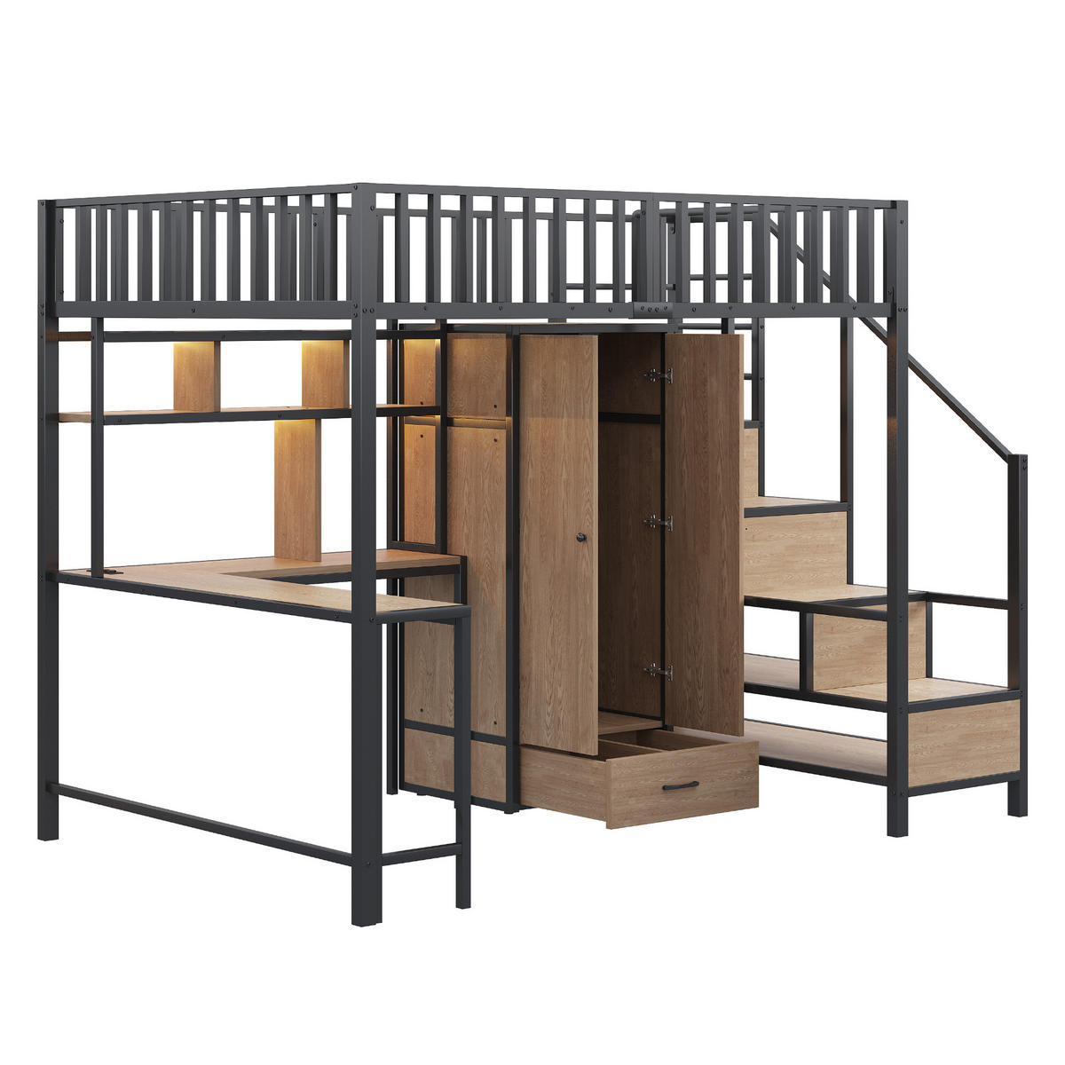 HOCHBETT 140/200 cm in Schwarz mit Schreibtisch, Kleiderschrank, Schubladen, Regal, LED und USB Metall Design - Schwarz, Holzwerkstoff/Metall (140/200cm) - STILVORA